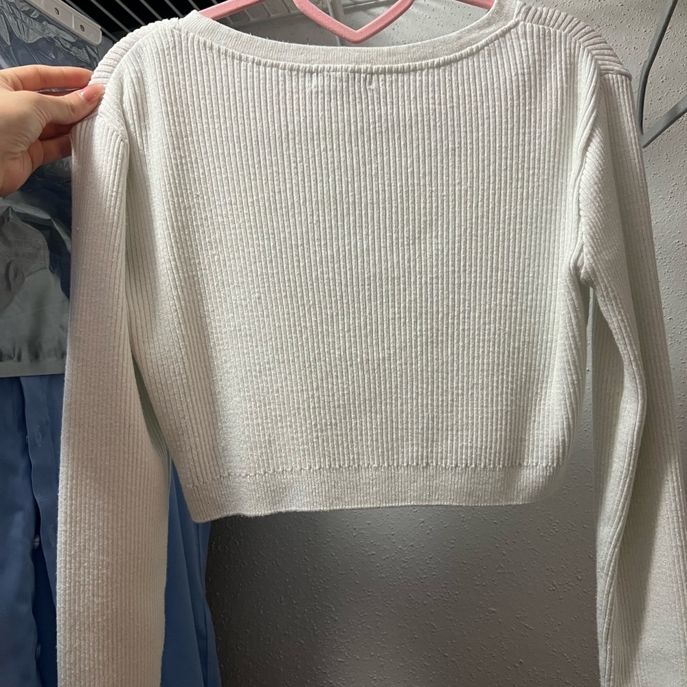 White Ribbed Button-Up Cardigan - Picture 2 of 3
